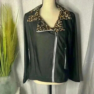 NWT Lily by Firmiana Women’s XL Black Moto Style Jacket Animal Print Trim Zipper